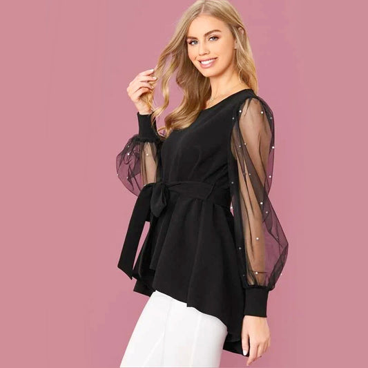 Pearl Beaded Mesh Lantern Sleeve Top - Black