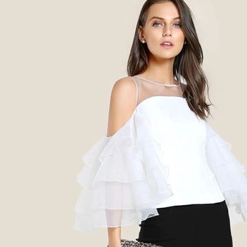 Layered Ruffle Sleeve Organza Top - White