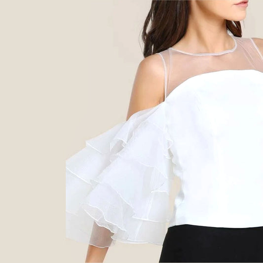 Layered Ruffle Sleeve Organza Top - White