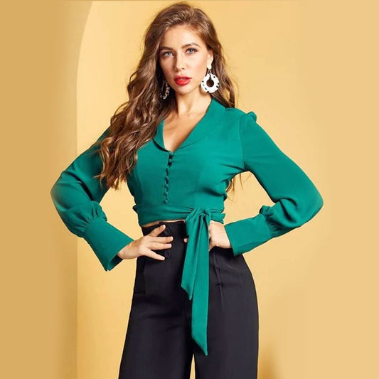 V - Neck Button Knotted Top - Teal Green