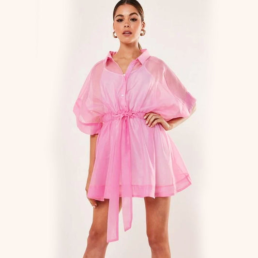 Organza  Oversized Shirt Dress - Pink