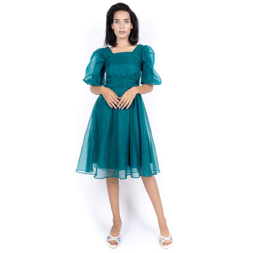 Organza Tie Waist Midi  Dress - Teal Green