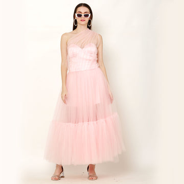 Sweetheart Neckline Tulle  A-Line Party Wear Maxi Dress – Baby Pink