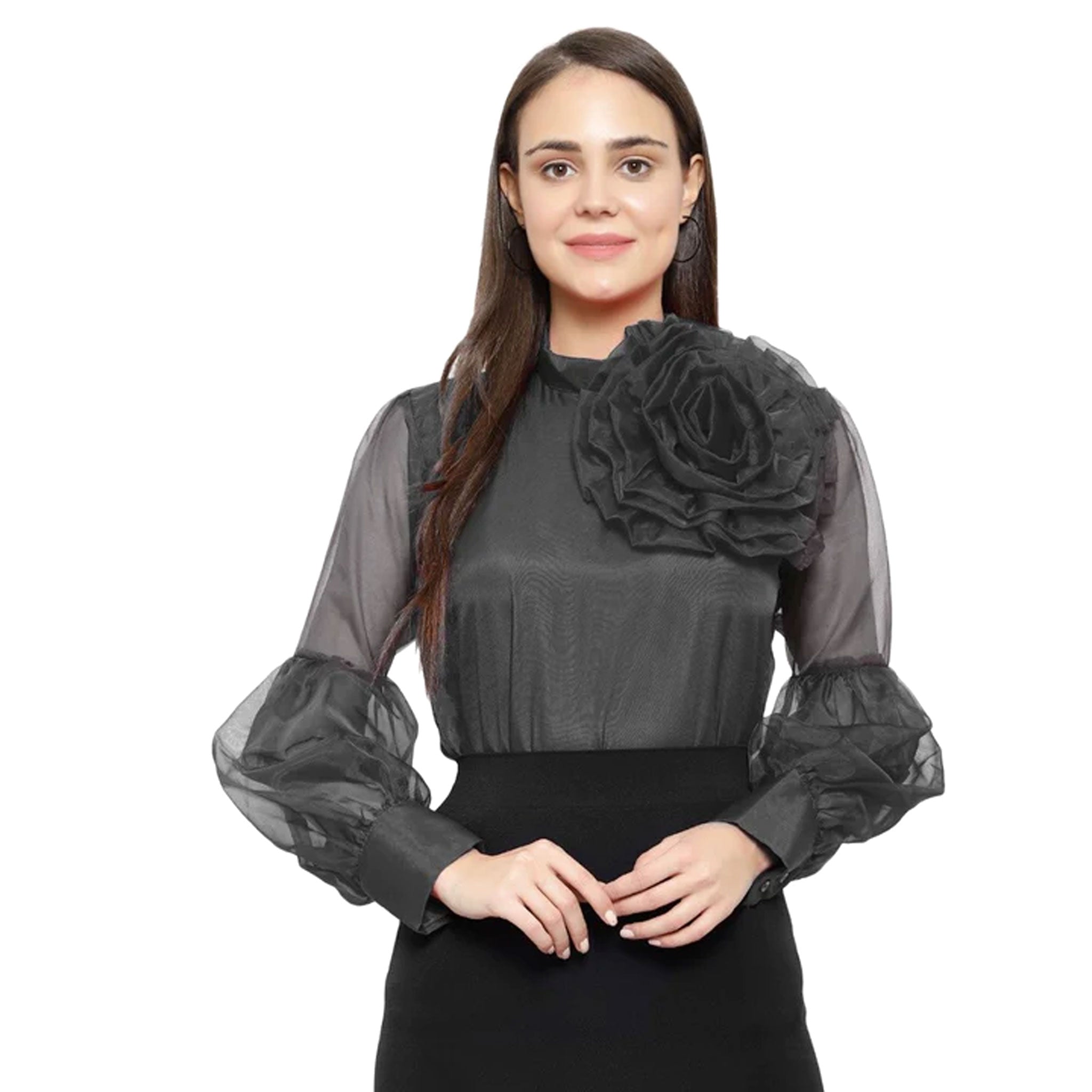 Organza Puff Sleeves Top With Flower Design - Black