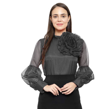 Organza Puff Sleeves Top With Flower Design - Black