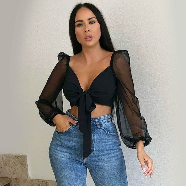 Organza Mesh Front Tie Top - Black - DrapeMe - Your Affordable place for In-Trend clothing