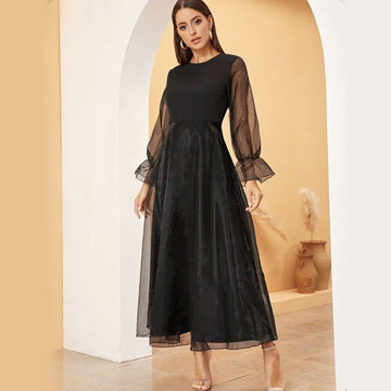 Elegant Round Neckline Organza Maxi Dress – Black