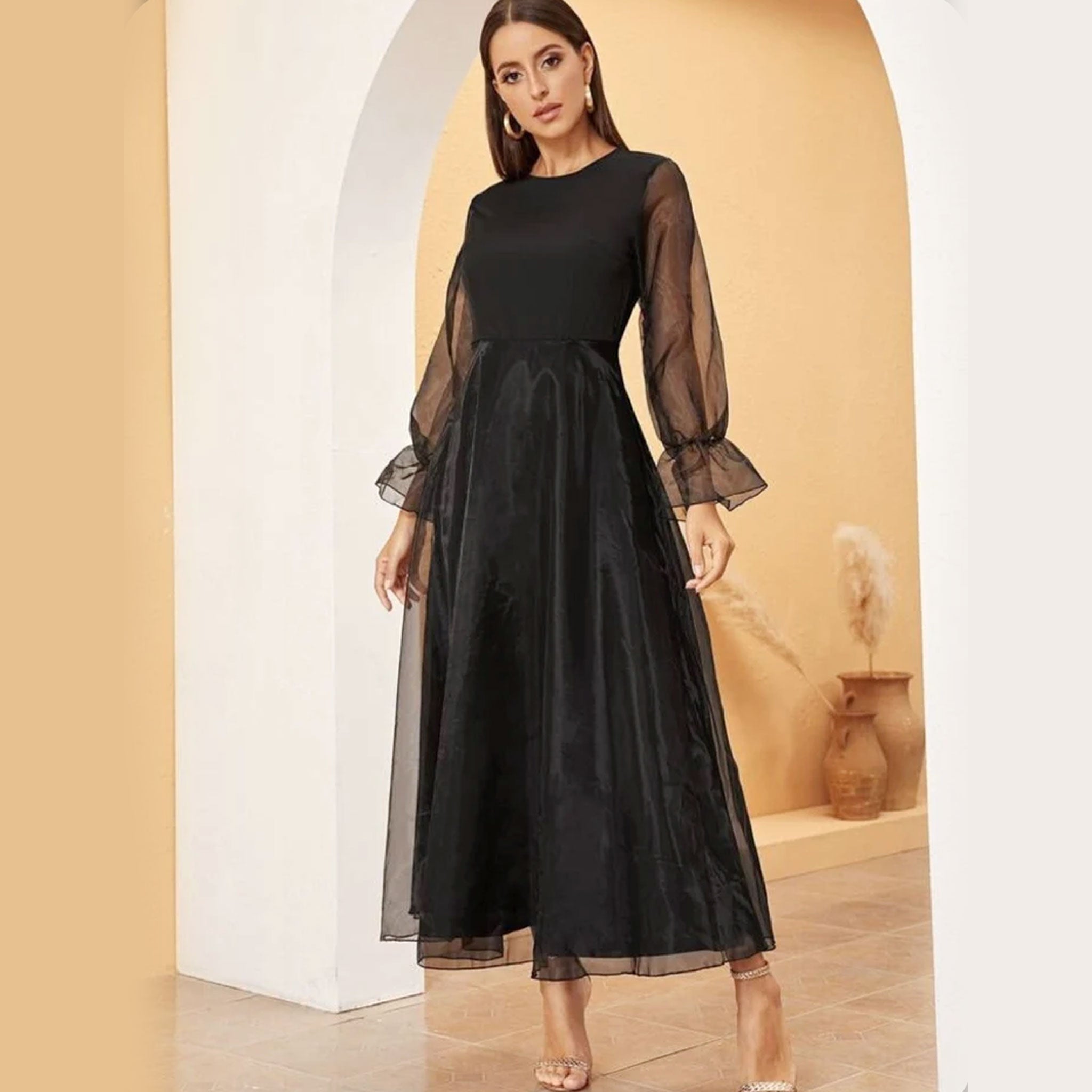 Black Ponte Knit Dress - Organza Sleeve Dress - Backless Dress - Lulus