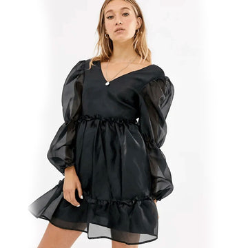 Cute V-neckline Short Dress – Black