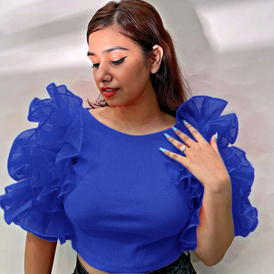 Ruffled Organza Sleeved  Ribbed Crop Top - Blue