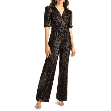 Wrap Front Sequin  Partywear Jumpsuit - Black