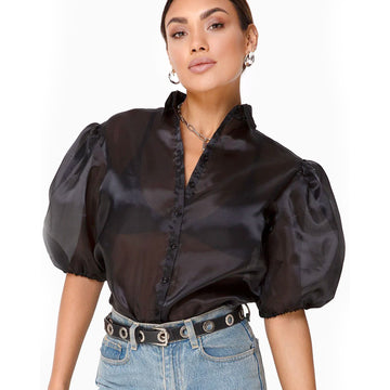 Short Puff Sleeves Button Up Organza Shirt - Black