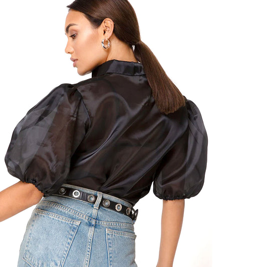 Short Puff Sleeves Button Up Organza Shirt - Black