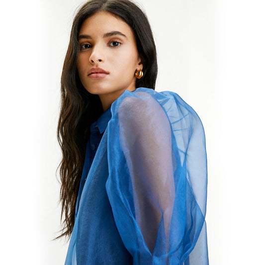 Organza Mini Shirt Dress - Blue