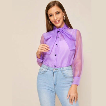 Tie Neck Button Front Organza Top - Purple