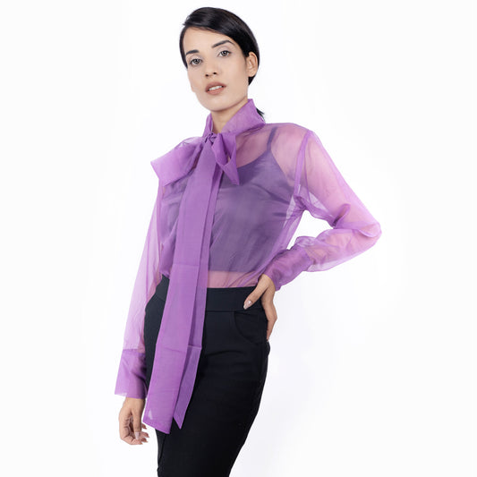 Tie Neck Button Front Organza Top - Purple