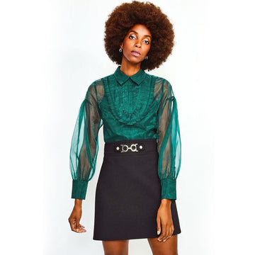 Collared Pleated Organza Top - Green