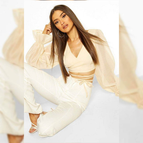 Crop Tie Top With Balloon Sleeves - Cream - DrapeMe - Your Affordable place for In-Trend clothing