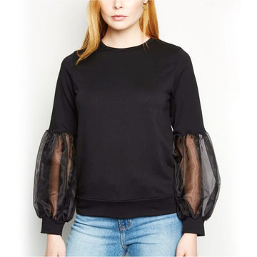 Round Neck Organza Puff Sleeve Sweatshirt - Black