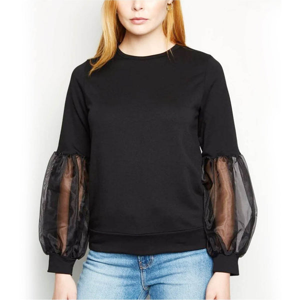 Round Neck Organza Puff Sleeve Sweatshirt - Black - DrapeMe - Your Affordable place for In-Trend clothing