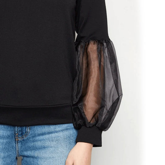 Round Neck Organza Puff Sleeve Sweatshirt - Black