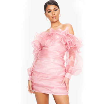 Offshoulder  Bodycon Short Organza Dress – Pink