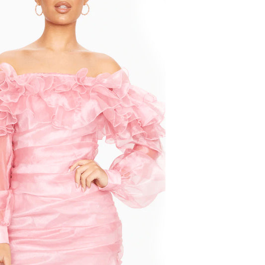 Offshoulder  Bodycon Short Organza Dress – Pink