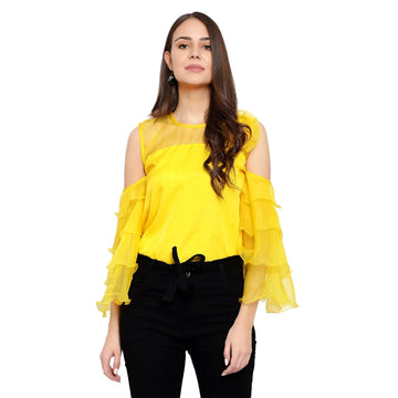 Layered Ruffle Sleeve Organza Top - Yellow