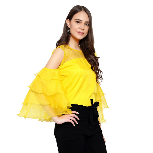 Layered Ruffle Sleeve Organza Top - Yellow