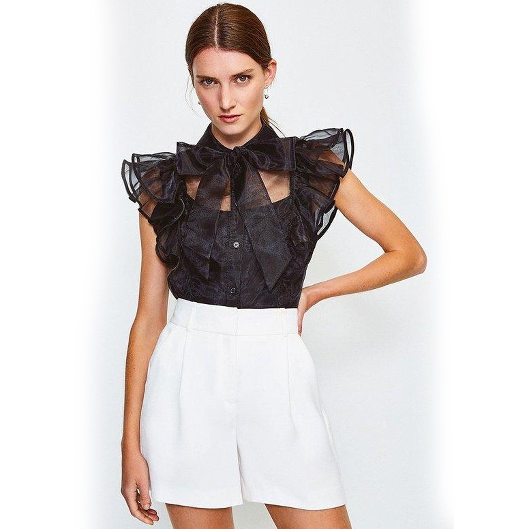 Ruffled Tie Neck Organza Top - Black