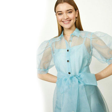 Adorable Puff Sleeves Organza Shirt Dress – Powder Blue