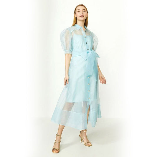 Adorable Puff Sleeves Organza Shirt Dress – Powder Blue