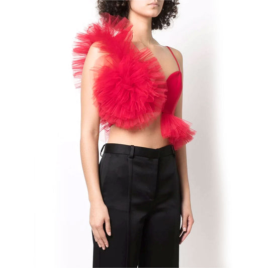 Hot Crop Ruffled Tulle Top - Red