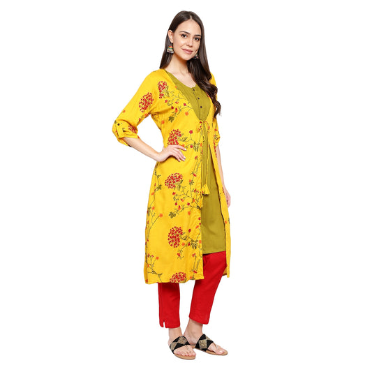 Cute Floral Printed Kurta Set - Yellow