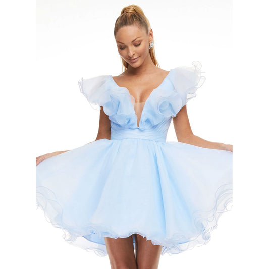 Flirty Ruffle Neckline Short Organza Dress – Sky Blue