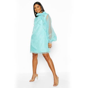 Oversized Tie Neck A- Line Dress - Sky Blue