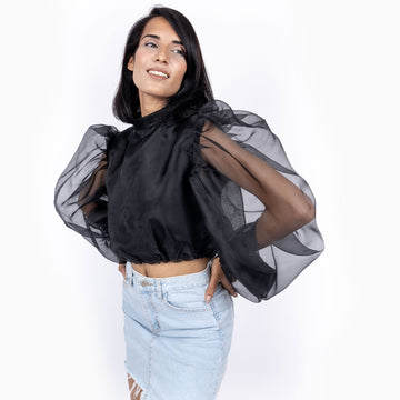 Puff Sleeves Band Collared Zip Closure Crop Top - Black