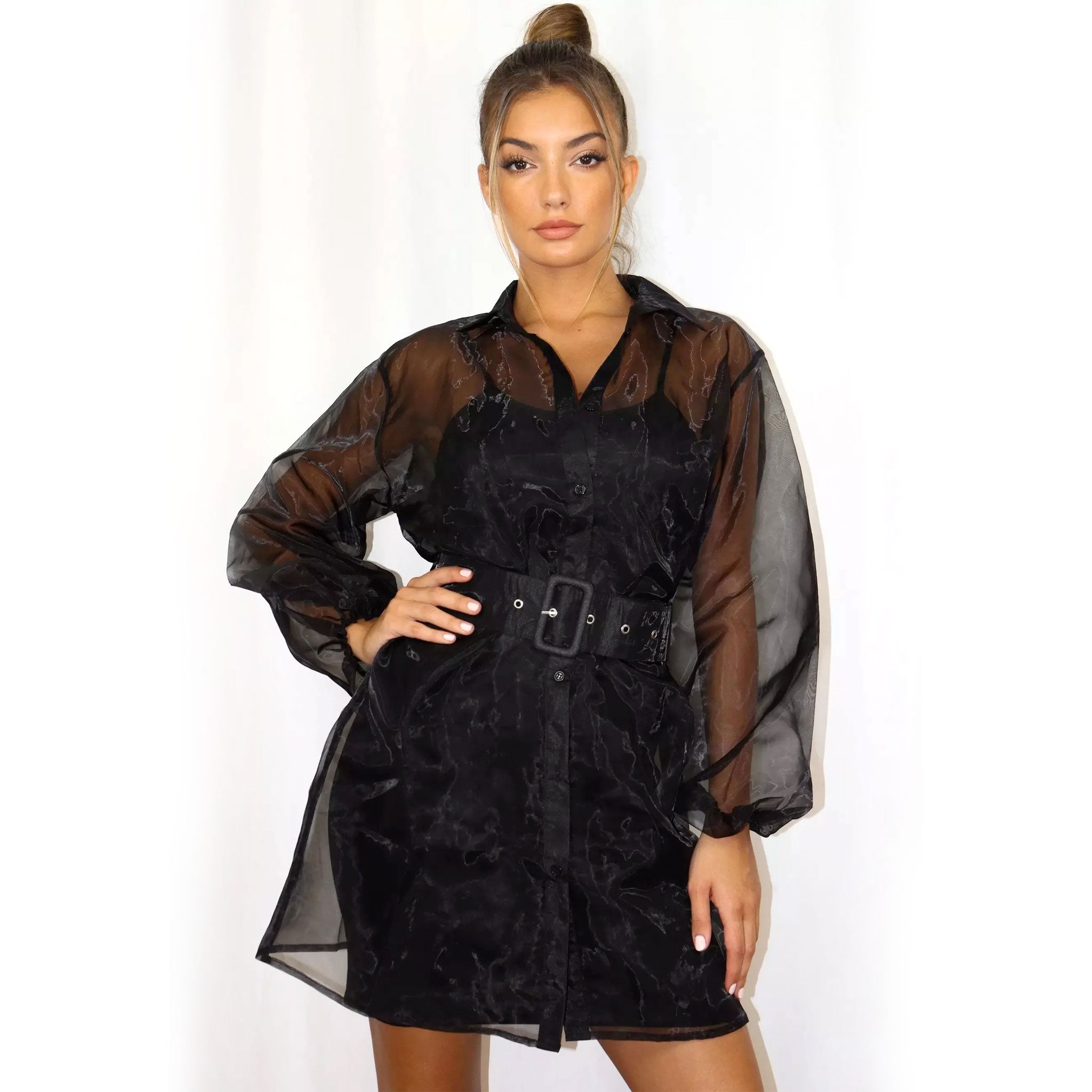 Organza Shirt Dress With Belt - Black
