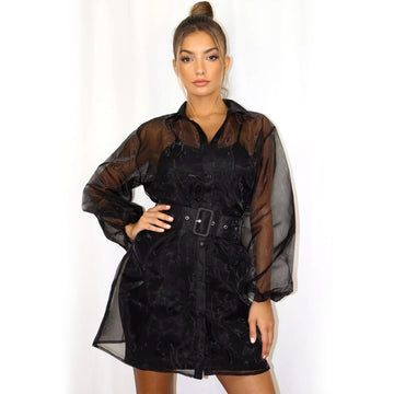 Organza Shirt Dress With Belt - Black