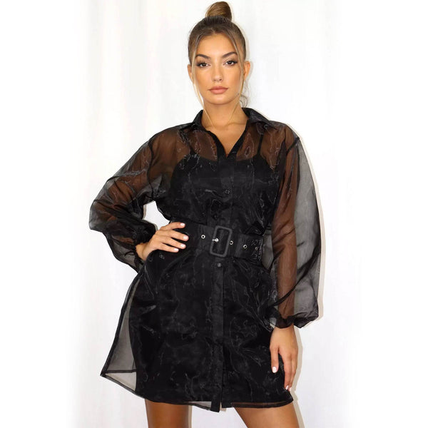 Organza Shirt Dress With Belt - Black - DrapeMe - Your Affordable place for In-Trend clothing