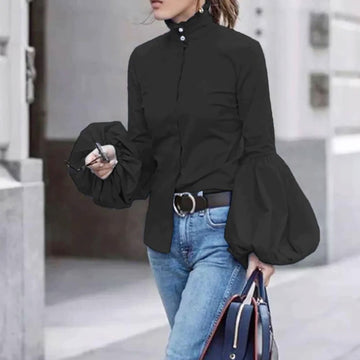 Turtleneck Casual Long Lantern Sleeve Black Cotton Shirt