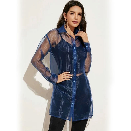 Sheer Organza Button Up Shirt - Blue