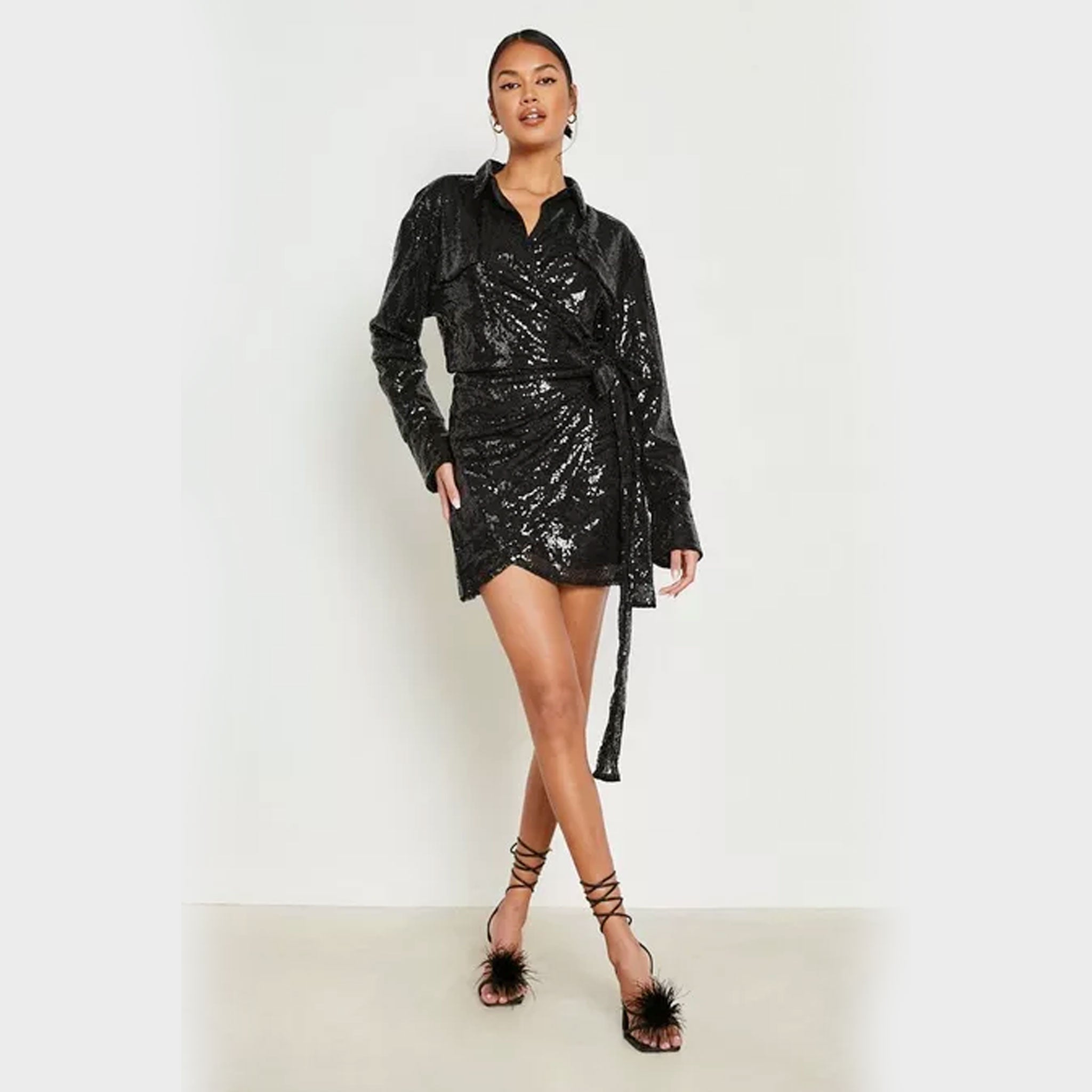 Sequin Wrap Knot Shirt Dress - Black
