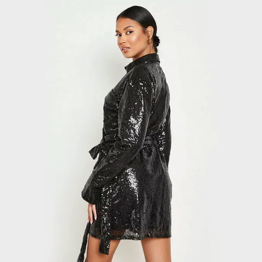 Sequin Wrap Knot Shirt Dress - Black