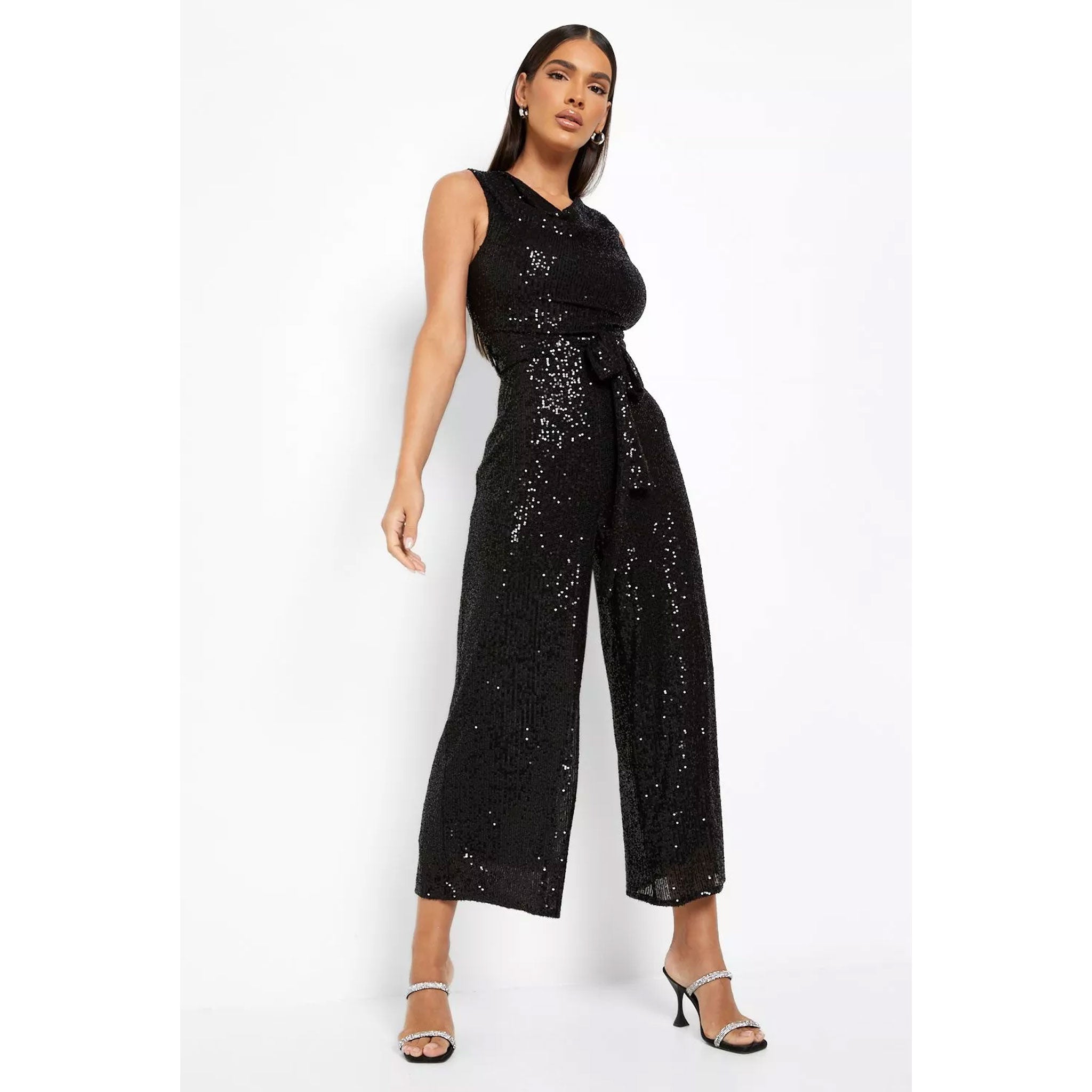 Sequin Belted Wide Leg Jumpsuit - Black