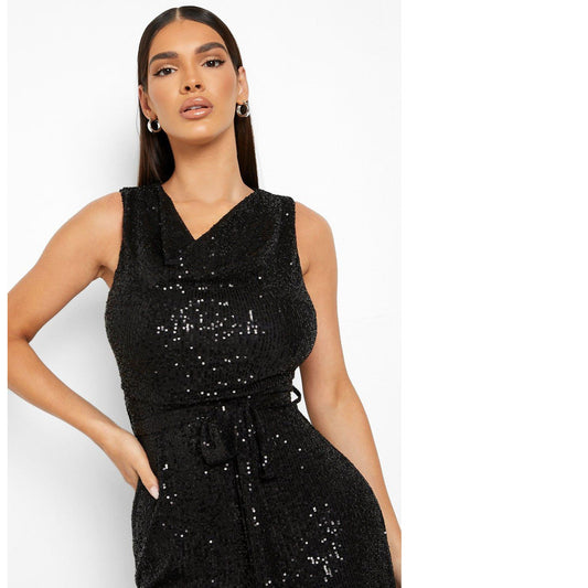 Sequin Belted Wide Leg Jumpsuit - Black