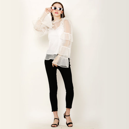 High Neck  Ruffled Sleeve White Top