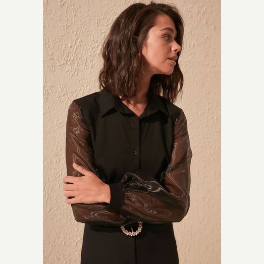 Collar Shirt With Transparent Sleeves - Black