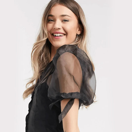 Organza Short Puff Sleeved Mini Dress - Black