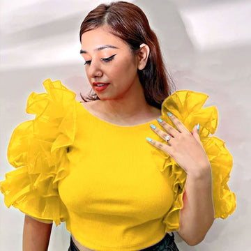 Ruffled Organza Sleeved Crop Top - Yellow